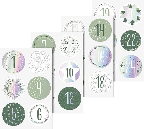 Heyda Sticker Adventszahlen 24 Stk Adventskalender-Zahlen Papier 4.0 cm Durchmesser Selbstklebend für Advent Silber irisierend