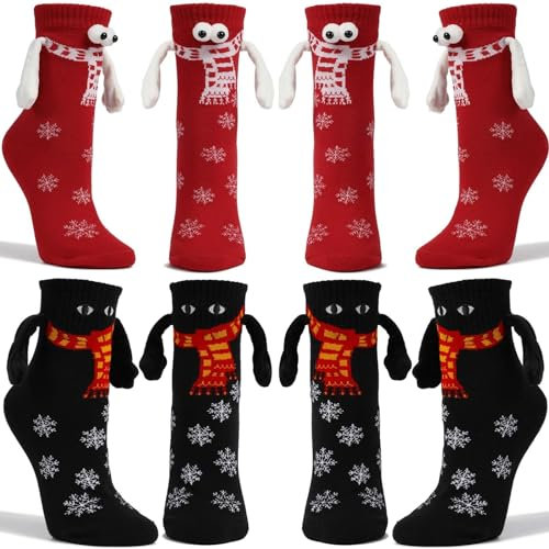Shujin 4 Paar Weihnachtssocken mit magnetarmen Unisex 3D Puppes Paar Socken,Hand in Hand Socken Magnet Freundschaftssocken mit H?nden Lustige Magnetische Christmas Socks,Schwarz Schal+Rot Schal