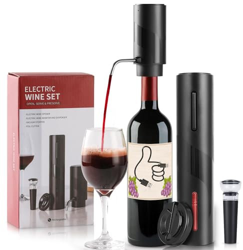 ZOYIDOUX Tire Bouchon Electrique 4 en 1 Coffret Cadeau avec Ouvre Bouteille Rechargeable,Decanteur Rechargeable,Coupe-Capsule et Bouchon à Vin sous Vide,Ensemble Cadeau de Noël Amateurs de Vins,Noir