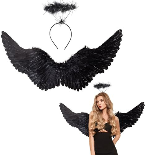 Winwild 75CM Alas de Ángel Negro con Halo Adulto Alas de Ángel Señoras Ángel Diablo Hadas Accesorios de Disfraces para Halloween Carnaval Cosplay Fiesta Carnaval Disfraz