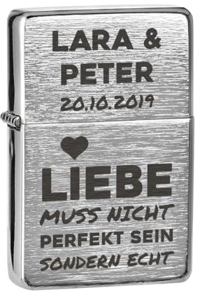 Feuerzeug gebürstet mit Gravur als Hochzeitsgeschenk - das Geschenk für Paare - zur Hochzeit, Jahrestag und Verlobung - Sturmfeuerzeug für Mann und Frau
