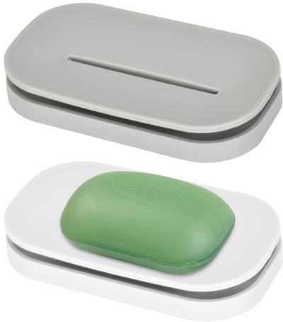2 Pièces Porte-Savon, Boîte à Savon en Plastique Savon Saver Case, Support Savon Antidérapant, Bac à Savon, Caisse de Savon Durable Auto Drainant pour Salle de Bain, Cuisine (Blanc + Gris)