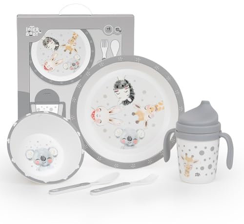 Juego de Vajilla Bebe Interbaby | Set Vajilla Infantil 5 Piezas Plato Llano, Bo, Cuchara, Tenedor y Vaso Antigoteo Aprendizaje | Apta para Microondas y Lavavajillas, Mayores de 6 Meses
