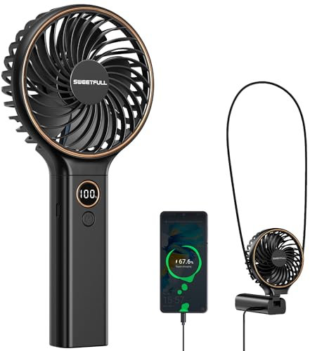 SWEETFULL Handheld Fan, Portable Mini Small Personal Fan with Backup Power, 6 Speeds 5000mAh Desk USB Hand Held Fan Rechargeable Battery Fans with LED Display for Women Girl Travel (Black)