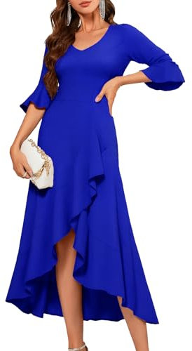 HomRain Women V-Neck Split Maxi Dress Wedding Guest with Ruffle Long Sleeve Formal Cocktail Evening Party Vintage Flowy A Line Dress RoyalBlue L