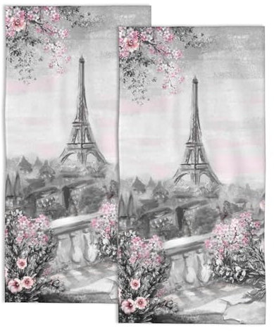 Lot de 2 essuie-mains absorbants et doux pour salle de bain et cuisine Motif Tour Eiffel Gris et rose et feuille 35,6 x 71,1 cm