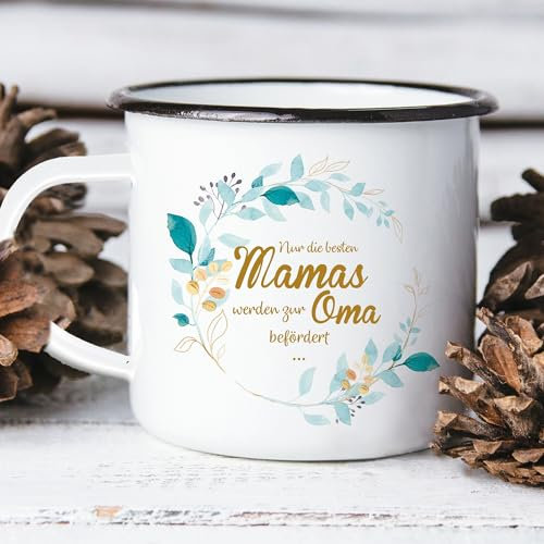 Wandtattoo-Loft Mutter Geschenk Tasse, Emaille-Tasse mit Blumenkranz & Schriftzug Nur die besten Mamas werden zur Oma befördert, 300 ml, schwarz – spülmaschinenfest, Kaffeetasse für Mama, Mama Tasse