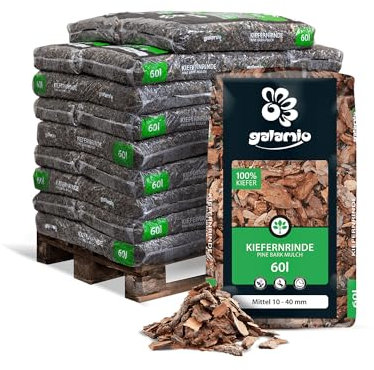 GALAMIO Kiefernrinde Kiefernmulch Rindenmulch Rinde Mulch Garten Dekor Pinus Sylvestris Natur Wald Kiefer Mittel 10-40mm 60l x 26 Sack 1.560l / 1 Palette Paligo