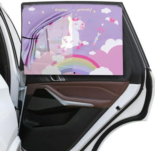 1/2 Pz Unicornio Parasol Coche Bebe, 68 x 50 cm Parasol de Coche magnética de Doble Capa para Ventana Lateral Trasera, Sombrilla Universal con protección UV, Compatible con la mayoría de los vehículos
