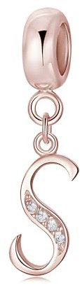 Symretie Pendentif Initiale S en Argent 925 à Finition Or Rose pour Femme, Compatible avec les Bracelets et Colliers de Style Pandora et Européen. Convient aux Femmes et aux Filles.