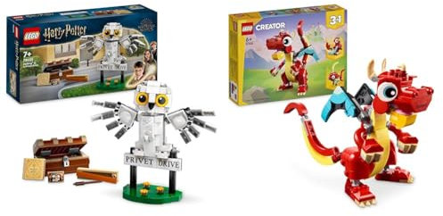 LEGO Harry Potter Hedwig at 4 Privet Drive, Buildable Toy for 7 Plus Year Old Kids & Creator 3in1 Red Dragon Toy to Fish Figure to Phoenix Bird Model, Animal Figures Set, Gifts for 6 Plus Year Old Boy