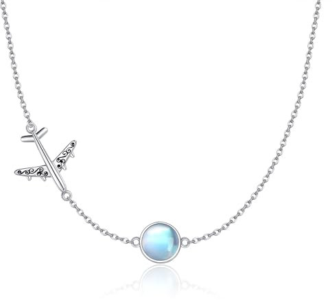 DAYLINLOVE Mondstein Kette 925er Sterling Silber Halsmit Flugzeug Flugzeug Mondstein Schmuck Geschenke für Damen Frauen Mädchen Stewardessen Flugbegleiter Piloten