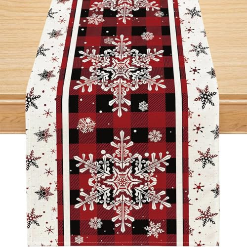 Chemin de Table de Noël en Lin, Decoration Noel Table Rouges, Chemin de Table Rectangulaire, Flocon de Neige Nappe Noel, pour Hiver Cuisine Decoration Table Noel, Fête de Noël, 183 cm x 33 cm