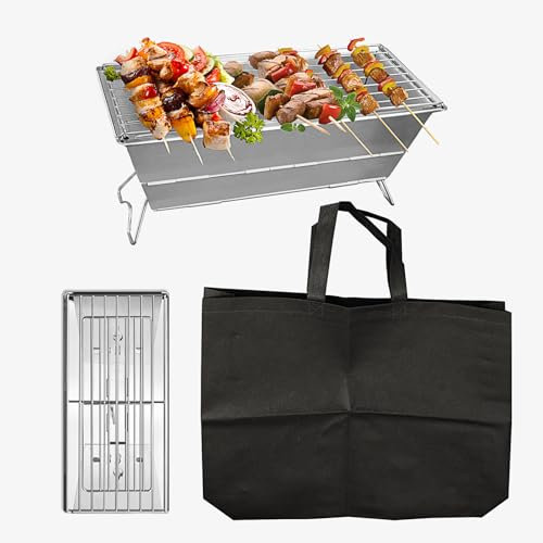BigKing Barbacoa Plegable, Parrilla de Carbón Portátil, Barbacoa de Carbón de Madera Inoxidable con Bolsa de Almacenamiento Para Barbacoa, Picnic, Camping(40.2 x 18.5 x 17.8 cm)