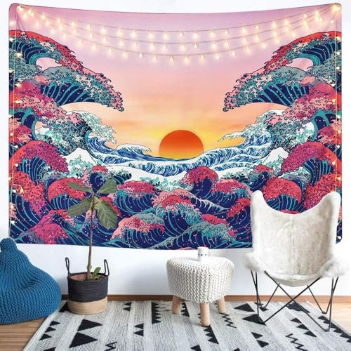 LOMOHOO Wandbehang, groß, Ozeanwelle, Orange, Wandteppich, Sonnenuntergang mit Wandkunst, Natur, Heimdekorationen für Wohnzimmer, Schlafzimmer, Dekor