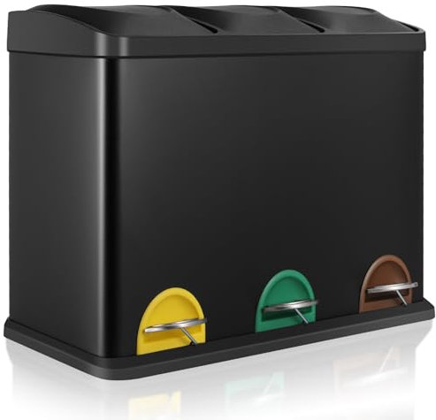 LIFERUN Poubelle Tri Selectif 3 Bac, 3x15l Poubelle de cuisine en Métal, 45L Corbeille à Pédale avec Couvercle, Noir