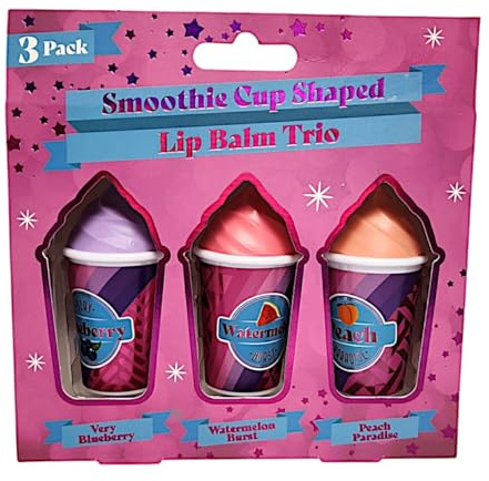 Smoothie Cup Shaped Lip Balm Trio Set with Blueberry, Watermelon, Peach Flavours 3 Pack (3x3.8g)