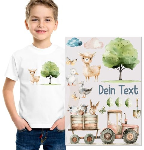 GRAZDesign Aufbügelbilder Trecker mit Tieren mit Namen personalisiert, DIN A4 Bogen Textilaufkleber zum selbst bügeln