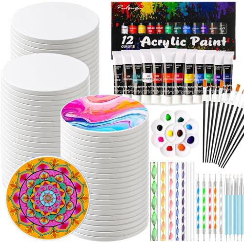 Zopeal 35 Pcs Round Ceramic Tiles for Crafts White 4x4 Unglazed Blank Coasters Craft DIY Art with Dotting Tools Painting Kit with Acrylic Paint for Easter Painting Art Projects Party