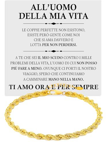 Bracciale Uomo Corda Finitura Oro18k in Argento Sterling 925 All'Uomo della Mia Vita Idea regalo compleanno - Idee Regali per lui per Natale - Cofanetto con DEDICA incluso (Bracciale Corda Oro - Uomo)