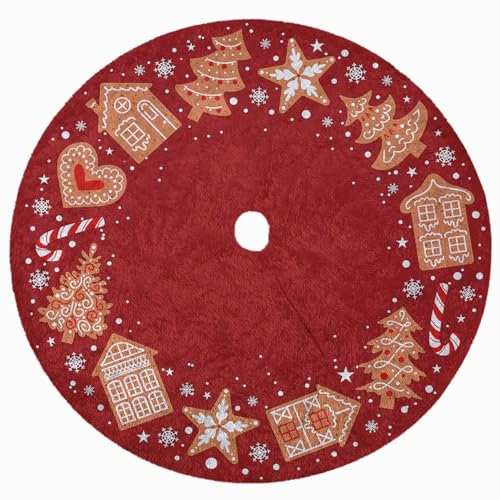 Coperta per albero di Natale, 150 cm, rotonda, albero di Natale, gonne, rosso, in pelliccia di peluche, coperta grande | supporto per albero di Natale, decorazione natalizia, pan di zenzero rosso [165