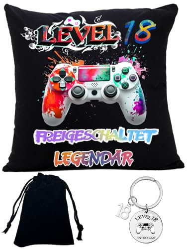 18. Geburtstag Junge, 18. Geburtstagsgeschenk für Mädchen, 2025 Lustige, 45 * 45 cm Gaming Deko Kissen, Erwachsenenalter Geschenke mit Schlüsselanhänger Geschenk für Freunde
