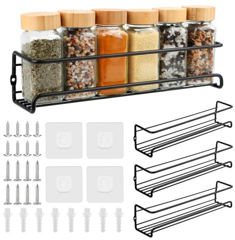 Lot de 4 étagères à épices murales sans perçage - Pour cuisine, décoration, plan de travail, salle de bain - 29 x 6,5 x 6,5 cm - Avec outils de fixation