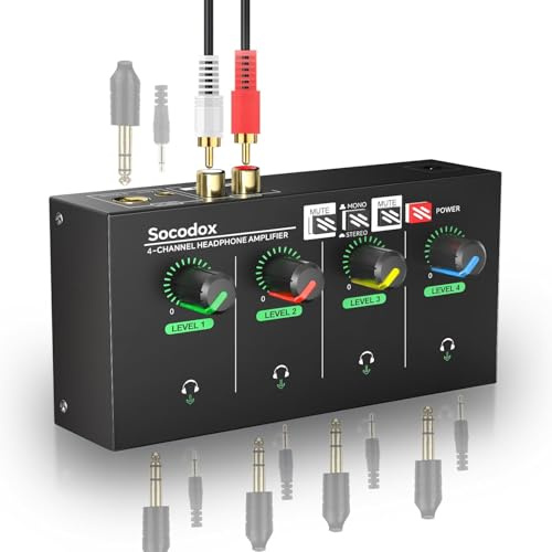 Socodox Amplificatore per cuffie a 4 canali jack 3,5 mm/6,35 mm/RCA, mixer per cuffie compatto in metallo con 8 porte di uscita per cuffie, interruttore stereo, funzione mute, luce RGB, 5,5x2,7x1,2