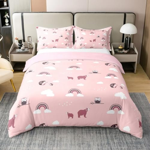 Loussiesd Eule 100% Baumwolle Bettwäsche Set 200x200cm Netter Tierbär Betten Kawaii Wildes Tier Bettwäsche-Set Regenbogen Wolke Vogel Dekor Bettbezug für Kinder Mädchen Jungs Rosa