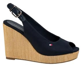 Tommy Hilfiger Sandali con Zeppa da Donna Marchio, Modello Iconic Elena Sling Back Wedge FW0FW04789, Realizzato in Cotone. Blu Scuro Blu 39