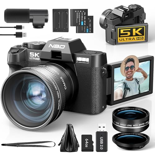 NBD 5K 64MP Appareil Photo numérique avec autofocus, Zoom numérique 16x, Écran IPS 3 180°, WiFi + Lentille Grand Angle/Macro + Micro Externe + Carte 64GB + 2 Batteries (Noir)
