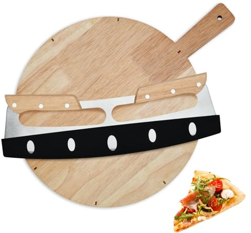 BSDLZCH Pizzabrett aus Eichenholz Rund 40×30 cm mit Pizzaschneide | Multifunktionale Servierbrett mit Griff & 33cm Pizzamesser, Zubehör für Pizza, Flammkuchen, Focaccia & Brot