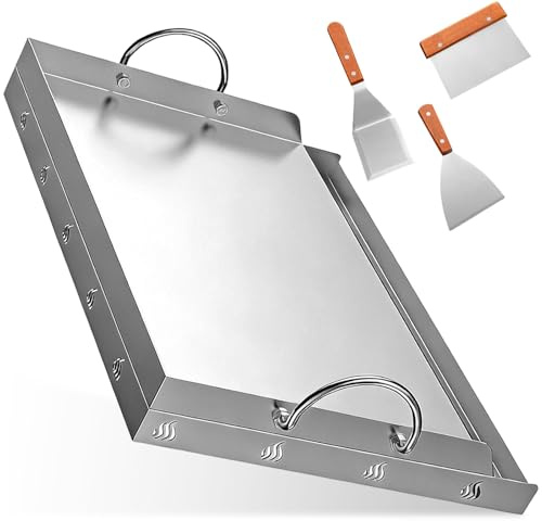 Plancha Acero Inoxidable con Canaleta, Espátula y Asas, Plancha Barbacoa Rectangular 2mm Grosor Universal, Parrilla Asar Placa Gas Accesorios Barbacoas Familiares Portátiles para Parrilla Gas y Carbón