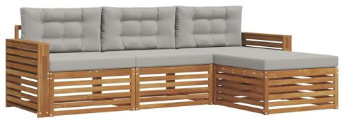 vidaXL Outdoor-Sofagarnitur mit Kissen 4 pcs Natürlich und Hellgrau, Gartenlounge-Set, modernes Ecksofa für draußen, langlebige Möbel für Bequeme Terrassenplätze