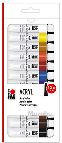 Marabu 1210000000200 - Acrylfarbenset mit 12 Farben á 12 ml, deckende, matt glänzende Acrylfarben auf Wasserbasis, für Keilrahmen, Malkarton, Papier und Holz geeignet, schnell trocknend