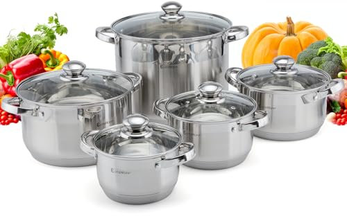 EliteHoff Juego de ollas de inducción de 10 piezas, olla de acero inoxidable de 7 capas, juego de 5 ollas con tapa, para todo tipo de cocinas