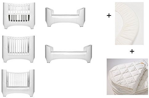 weiß Leander Baby- und Kinderbett + 1 Set (= 2 Stück) Original-Spannbetttücher in der Babygröße + 1 Matratzenauflage in der Babygröße