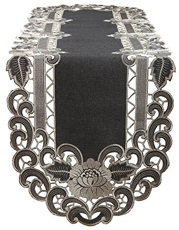 Quinnyshop Grau breiter Tischband Tischläufer Leinen-Optik Blumen Stickerei (ca. 45x130 cm Oval)