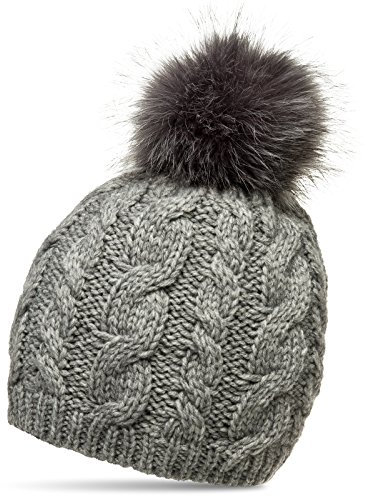 Caspar MU176 Damen Winter Mütze Strickmütze Bommelmütze mit großem Kunstfell Bommel, Farbe:grau, Größe:One Size