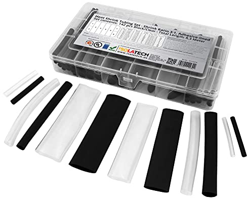 ISOLATECH Set Guaina Termorestringente 142pcs 8,3m Nero/Trasparente | 3:1, Con Adesivo, Scatola dispenser, Senza Scritte, Poliolefina, Per Isolamento Batterie 18650