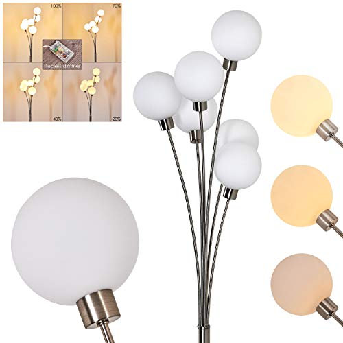Stehlampe Bernado stufenlos dimmbar, Stehleuchte Nickel-matt/Weiß, 6-flammig, mit 6 Glaskugeln, G9, moderne Bogenlampe für Wohnzimmer, Schlafzimmer, Flur, mit Fußschalter am Kabel, ohne Leuchtmittel