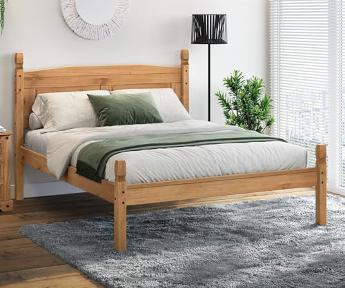 Corona Double 4'6 Low End Bed Frame Solid Wood Pine Wooden Slats Bedroom Mexican Style 116cm High 146cm Wide 201cm Deep