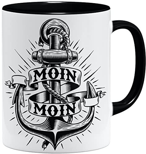 OM3® Moin Moin Anker Kaffee-Tasse - Keramik Becher - 11oz 325ml - Beidseitig Bedruckt - Schwarz