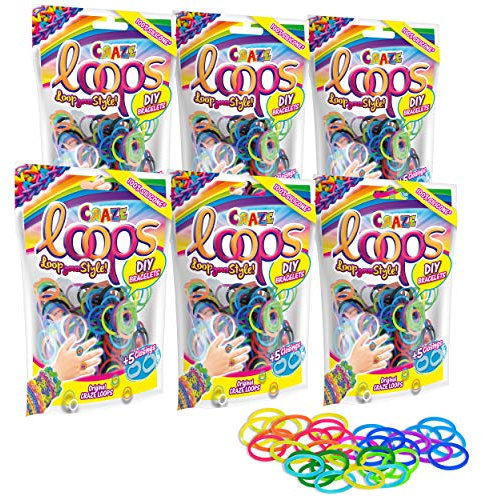 CRAZE LOOPS BAG 100 6er Set - Loom Bänder 6x 100 Foilbag & 30 Verschlüsse , Farbmix, 100% hautfreundliches Silikon