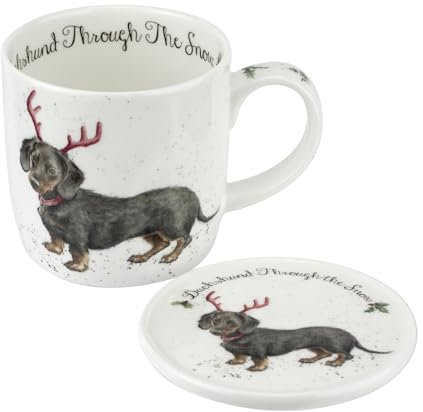 Royal Worcester Wrendale Designs Dachshund Through The Snow Mug & Coaster Set