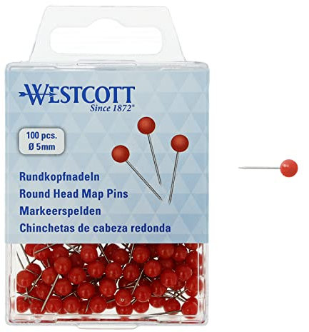 Westcott Rundkopfnadeln, 100 Stück, 5 mm Durchmesser, 16 mm lang, rot, E-10503 00