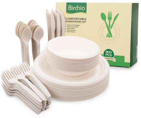 250 Piece (50 Sets) Biodegradable Paper Plates Set (EXTRA LONG UTENSILS), Disposable Dinnerware Set, Eco Friendly Compostable Plates & Utensil include Plates, Bowls, Forks, Knives and Spoons