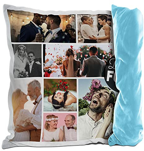 PR Print Royal Fotokissen mit Collage selbst gestalten - mit 9 Fotos Personalisieren - Geschenk für Familie und Freunde | Rückseite Hellblau, inkl. Kissenfüllung, 40x40cm
