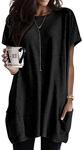Minetom T-Shirt Damen Rundhals T Shirt Kurzarm Locker Lang Oberteil Einfarbig Longshirt Casual Lose Tshirt mit Tasche Elegant Pullover Sweatshirt Langarmshirt Tops Oversized Tshirts