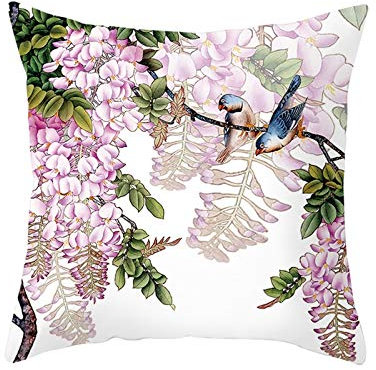 EHOMERY Kissenbezüge Jugendzimmer Kissenhülle Landhausstil Blumenvögel Samt Zierkissenbezüge Kissenbezüge Terasse Kissenhülle Wasserdicht Wohnzimmer Sofa Dekoration Weiß Lila 16X16 Inches